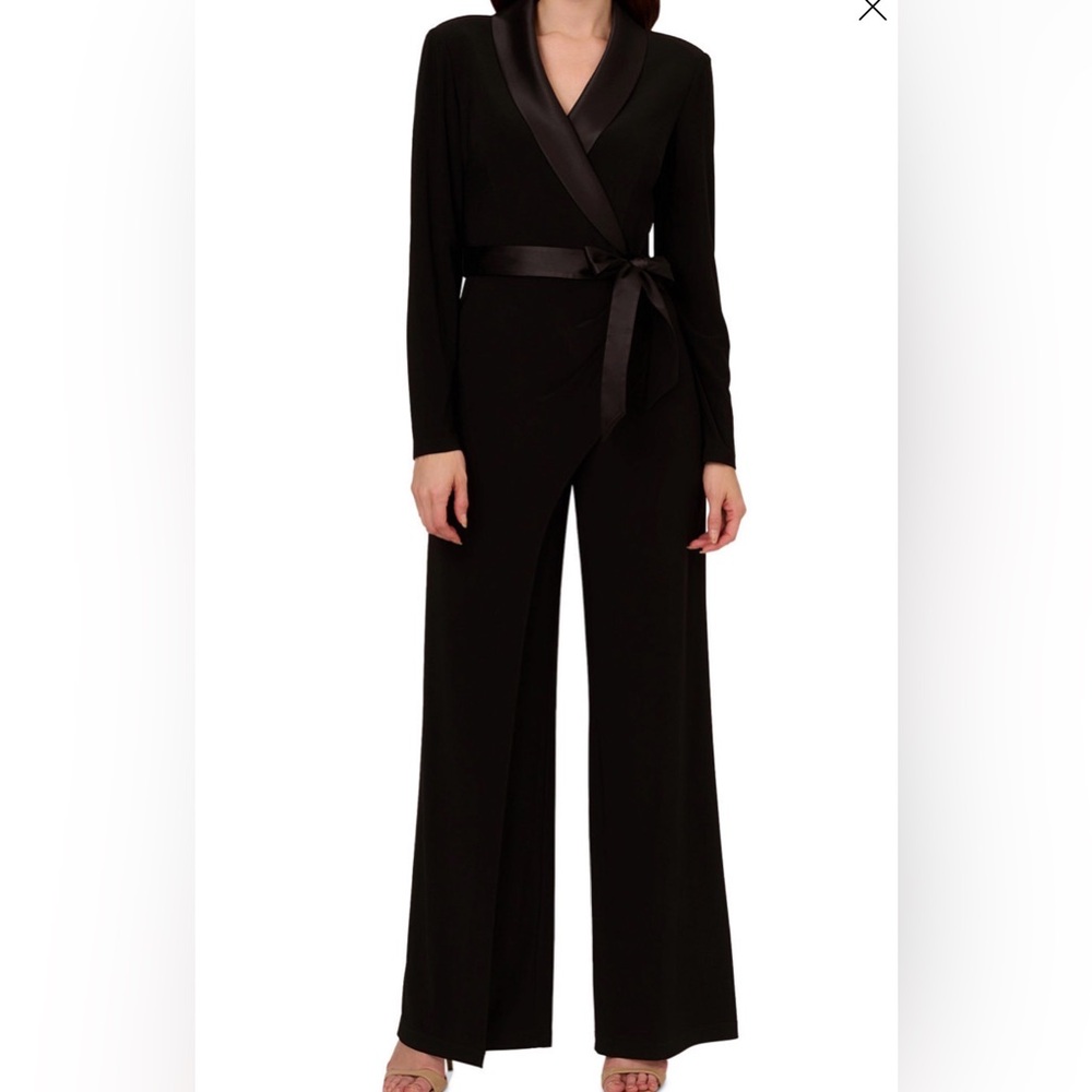 Adrianna Papell Black Satin Belted Jumpsuit